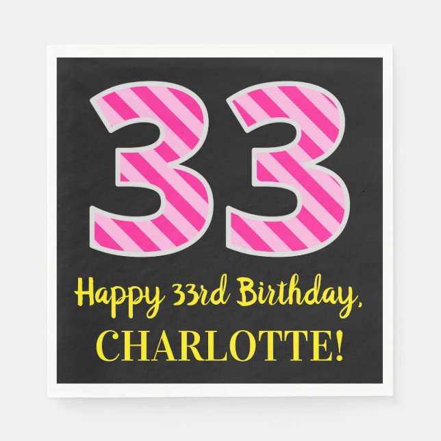 Fun Pink Stripes "33"; Happy 33rd Birthday; Name Napkins (Front)