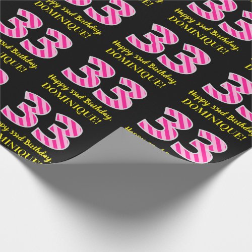 Fun Pink Stripes 33 Happy 33rd Birthday Name Wrapping Paper