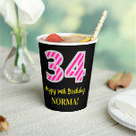 [ Thumbnail: Fun Pink Stripes “34”: Happy 34th Birthday + Name Paper Cups ]