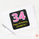 [ Thumbnail: Fun Pink Stripes “34”: Happy 34th Birthday + Name Sticker ]