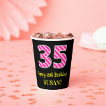 [ Thumbnail: Fun Pink Stripes “35”: Happy 35th Birthday + Name Paper Cups ]