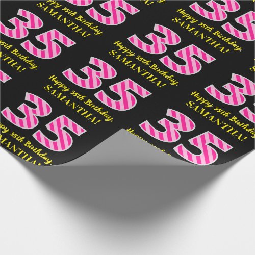 Fun Pink Stripes 35 Happy 35th Birthday Name Wrapping Paper