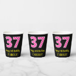 [ Thumbnail: Fun Pink Stripes “37”: Happy 37th Birthday + Name Paper Cups ]