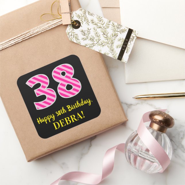 Fun Pink Stripes “38”: Happy 38th Birthday + Name Square Sticker (Gifting)