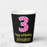 [ Thumbnail: Fun Pink Stripes “3”: Happy 3rd Birthday + Name Paper Cups ]