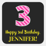 [ Thumbnail: Fun Pink Stripes “3”: Happy 3rd Birthday + Name Sticker ]