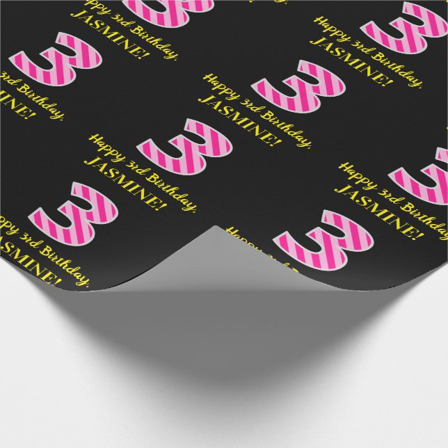 Fun Pink Stripes "3"; Happy 3rd Birthday; Name Wrapping Paper (Corner)