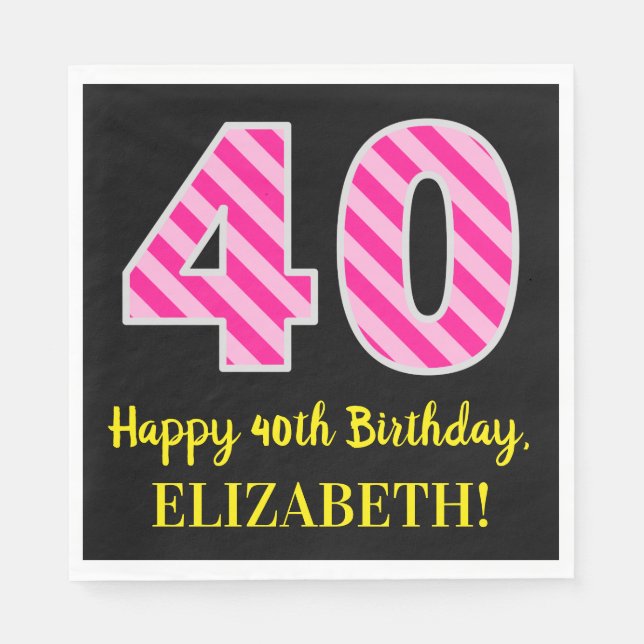 Fun Pink Stripes "40"; Happy 40th Birthday; Name Napkins (Front)