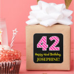 [ Thumbnail: Fun Pink Stripes “42”: Happy 42nd Birthday + Name Sticker ]