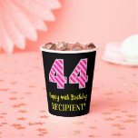 [ Thumbnail: Fun Pink Stripes “44”: Happy 44th Birthday + Name Paper Cups ]