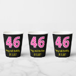 [ Thumbnail: Fun Pink Stripes “46”: Happy 46th Birthday + Name Paper Cups ]