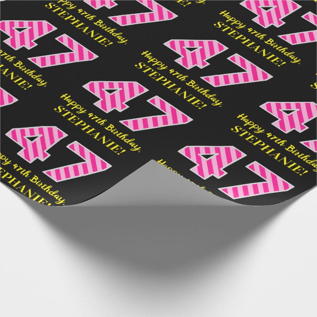 Fun Pink Stripes "47"; Happy 47th Birthday; Name Wrapping Paper (Corner)