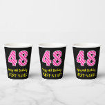 [ Thumbnail: Fun Pink Stripes “48”: Happy 48th Birthday + Name Paper Cups ]