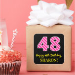 [ Thumbnail: Fun Pink Stripes “48”: Happy 48th Birthday + Name Sticker ]
