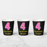 [ Thumbnail: Fun Pink Stripes “4”: Happy 4th Birthday + Name Paper Cups ]