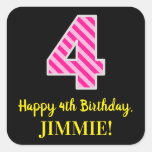 [ Thumbnail: Fun Pink Stripes “4”: Happy 4th Birthday + Name Sticker ]