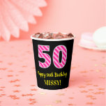 [ Thumbnail: Fun Pink Stripes “50”: Happy 50th Birthday + Name Paper Cups ]