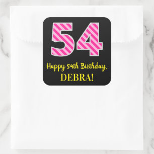 Fun Pink Stripes “54”: Happy 54th Birthday + Name Square Sticker