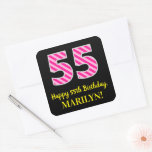 [ Thumbnail: Fun Pink Stripes “55”: Happy 55th Birthday + Name Sticker ]
