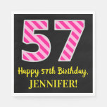 [ Thumbnail: Fun Pink Stripes "57"; Happy 57th Birthday; Name Napkins ]