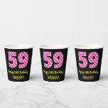 [ Thumbnail: Fun Pink Stripes “59”: Happy 59th Birthday + Name Paper Cups ]