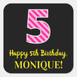[ Thumbnail: Fun Pink Stripes “5”: Happy 5th Birthday + Name Sticker ]