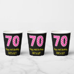 [ Thumbnail: Fun Pink Stripes “70”: Happy 70th Birthday + Name Paper Cups ]