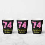 [ Thumbnail: Fun Pink Stripes “74”: Happy 74th Birthday + Name Paper Cups ]