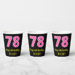 [ Thumbnail: Fun Pink Stripes “78”: Happy 78th Birthday + Name Paper Cups ]