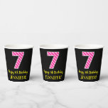 [ Thumbnail: Fun Pink Stripes “7”: Happy 7th Birthday + Name Paper Cups ]