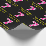 [ Thumbnail: Fun Pink Stripes "7"; Happy 7th Birthday; Name Wrapping Paper ]