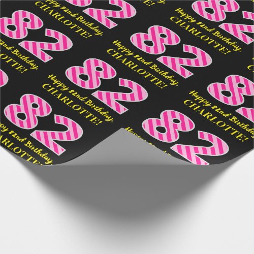 Fun Pink Stripes 82 Happy 82nd Birthday Name Wrapping Paper