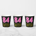 [ Thumbnail: Fun Pink Stripes “84”: Happy 84th Birthday + Name Paper Cups ]