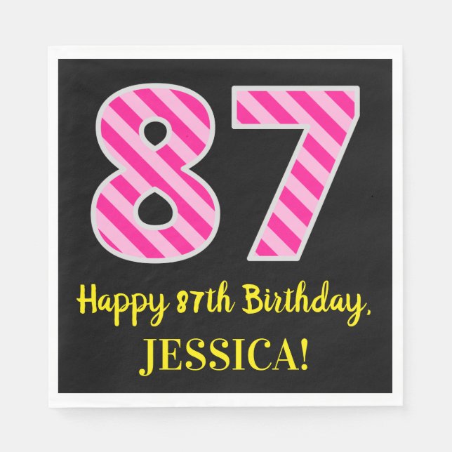 Fun Pink Stripes "87"; Happy 87th Birthday; Name Napkins (Front)