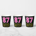 [ Thumbnail: Fun Pink Stripes “87”: Happy 87th Birthday + Name Paper Cups ]