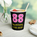 [ Thumbnail: Fun Pink Stripes “88”: Happy 88th Birthday + Name Paper Cups ]
