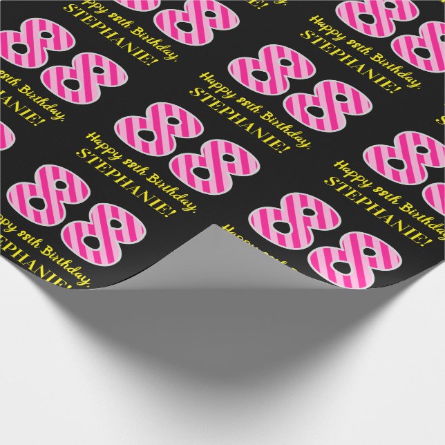 Fun Pink Stripes "88"; Happy 88th Birthday; Name Wrapping Paper (Corner)
