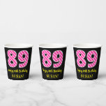 [ Thumbnail: Fun Pink Stripes “89”: Happy 89th Birthday + Name Paper Cups ]