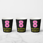 [ Thumbnail: Fun Pink Stripes “8”: Happy 8th Birthday + Name Paper Cups ]