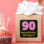 [ Thumbnail: Fun Pink Stripes “90”: Happy 90th Birthday + Name Sticker ]