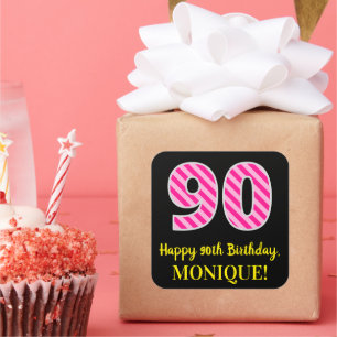 Fun Pink Stripes “90”: Happy 90th Birthday + Name Square Sticker