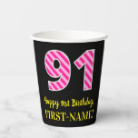 [ Thumbnail: Fun Pink Stripes “91”: Happy 91st Birthday + Name Paper Cups ]