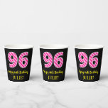 [ Thumbnail: Fun Pink Stripes “96”: Happy 96th Birthday + Name Paper Cups ]