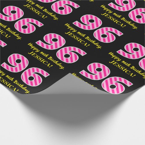 Fun Pink Stripes 96 Happy 96th Birthday Name Wrapping Paper