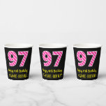 [ Thumbnail: Fun Pink Stripes “97”: Happy 97th Birthday + Name Paper Cups ]