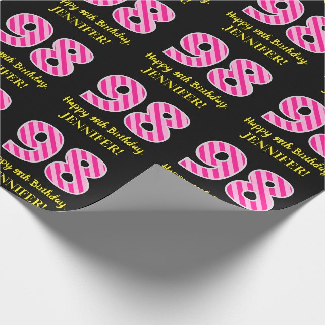 Fun Pink Stripes "98"; Happy 98th Birthday; Name Wrapping Paper (Corner)