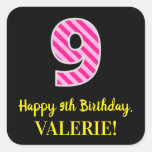 [ Thumbnail: Fun Pink Stripes “9”: Happy 9th Birthday + Name Sticker ]