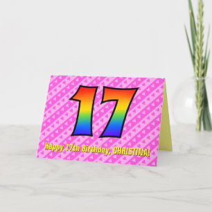 Fun Pink Stripes, Hearts, Rainbow # 17th Birthday Card