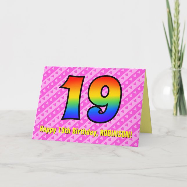 Fun Pink Stripes, Hearts, Rainbow # 19th Birthday Card (Front)