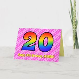 Fun Pink Stripes, Hearts, Rainbow # 20th Birthday Card